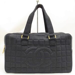 CHANEL Chain Choco Bar Line Hand Bag Canvas Black Gold CC Auth